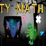 Οθόνη με τίτλο Batty Math, απεικονίζοντας έναν μπλε νυχτερίδα μπροστά από ένα στοιχειωμένο σπίτι με δύο μούμιες και μαθηματικά σύμβολα