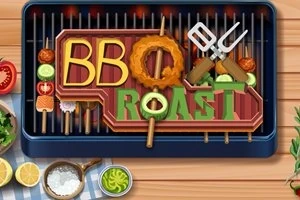 Κινούμενα γράμματα BBQ ROAST σε ένα μπάρμπεκιου γκριλ με σουβλάκια, και διάφορα τρόφιμα και εργαλεία μαγειρέματος