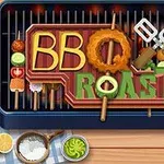 Κινούμενα γράμματα BBQ ROAST σε ένα μπάρμπεκιου γκριλ με σουβλάκια, και διάφορα τρόφιμα και εργαλεία μαγειρέματος
