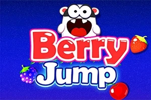 Γράμματα Berry Jump σε πολύχρωμο στυλ με εικόνες φρούτων και καρτούν σε μπλε φόντο