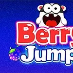 Γράμματα Berry Jump σε πολύχρωμο στυλ με εικόνες φρούτων και καρτούν σε μπλε φόντο