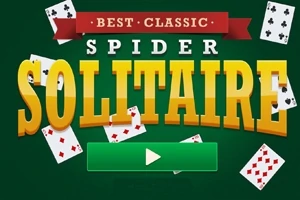 Πράσινο φόντο με τη φράση Best Classic Spider Solitaire και διακοσμητικές κάρτες γύρω από ένα πράσινο κουμπί αναπαραγωγής