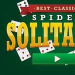 Πράσινο φόντο με τη φράση Best Classic Spider Solitaire και διακοσμητικές κάρτες γύρω από ένα πράσινο κουμπί αναπαραγωγής