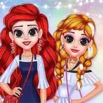 Τρεις χαρακτήρες με μεγάλα μάτια, με πλεξούδες και μοντέρνα ρούχα σε πολύχρωμο φόντο