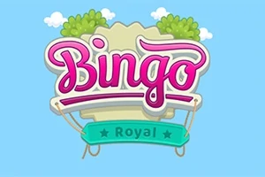 Λογότυπο με τη λέξη Bingo σε ροζ χρώμα και μια πράσινη κορδέλα με τη λέξη Royal στο κάτω μέρος, πάνω σε μπλε ουρανό με σύννεφα