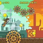 Ένας χαρακτήρας με jetpack πετάει μέσα από βιομηχανικό τοπίο, περιστοιχισμένος από γρανάζια και χρυσά νομίσματα