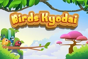 Λογότυπο με κινούμενα πουλιά σε κλαδιά, με φόντο πολύχρωμα δέντρα και ουρανό