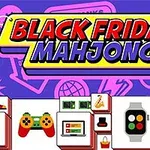 Κεντρικός τίτλος Black Friday Mahjong σε φόντο με εμπορικά εικονίδια και πλακίδια mahjong με εικόνες προϊόντων όπως ρολόι, κονσόλα και φωτογραφική μηχανή