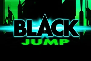 Κείμενο BLACK JUMP με πράσινα φωτεινά γράμματα και σιλουέτες από κτίρια στο φόντο