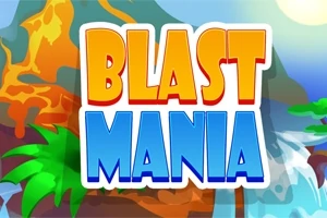 Έντονα γράμματα BLAST MANIA μπροστά από ένα πολύχρωμο σκηνικό με ηφαίστειο και φοίνικες