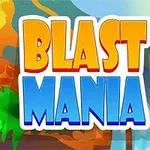 Έντονα γράμματα BLAST MANIA μπροστά από ένα πολύχρωμο σκηνικό με ηφαίστειο και φοίνικες