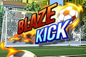 Ποδόσφαιρο με φλεγόμενη μπάλα και λέξεις Blaze Kick μπροστά από δίχτυα τέρματος