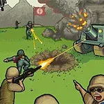 Σκηνή μάχης με στρατιώτες, άρματα μάχης και εκρήξεις σε πράσινο πεδίο μάχης
