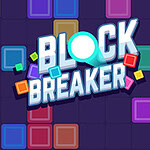 Κεντρικός τίτλος Block Breaker με φόντο πολύχρωμα τετράγωνα μπλοκ σε σκούρο μωβ φόντο