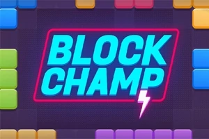 Έγχρωμα μπλοκ και η φράση BLOCK CHAMP με κεραυνό σε μαύρο φόντο