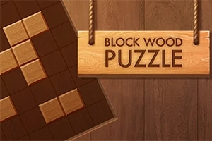 Ξύλινη επιγραφή που αναγράφει BLOCK WOOD PUZZLE δίπλα σε καφετί πλέγμα με ξύλινα τετράγωνα