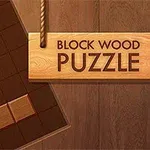 Ξύλινη επιγραφή που αναγράφει BLOCK WOOD PUZZLE δίπλα σε καφετί πλέγμα με ξύλινα τετράγωνα