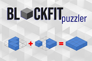 Ο τίτλος BLOCKFIT puzzler με ένα οπτικό παζλ από μπλε και γκρι blocks και μαθηματικά σύμβολα