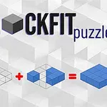 Ο τίτλος BLOCKFIT puzzler με ένα οπτικό παζλ από μπλε και γκρι blocks και μαθηματικά σύμβολα
