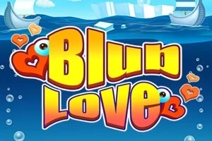 Χαρούμενος και πολύχρωμος τίτλος Blub Love με καρδιές και μάτια, σε φόντο θαλάσσιου τοπίου με βάρκες και κύματα