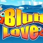 Χαρούμενος και πολύχρωμος τίτλος Blub Love με καρδιές και μάτια, σε φόντο θαλάσσιου τοπίου με βάρκες και κύματα