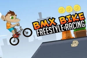 Κινούμενος χαρακτήρας σε BMX ποδήλατο που κάνει ακροβατικά σε ράμπα, με νομίσματα και κρανίο σε υπόβαθρο πόλης