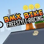 Κινούμενος χαρακτήρας σε BMX ποδήλατο που κάνει ακροβατικά σε ράμπα, με νομίσματα και κρανίο σε υπόβαθρο πόλης