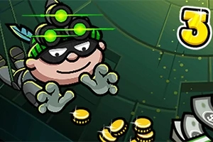 Bob the Robber 3 Ένας χαρακτήρας με γυαλιά νυχτερινής όρασης και μάσκα, μαζεύει χρυσά νομίσματα και περισσεύει δεσμίδες χρημάτων, με τον αριθμό τρία να φαίνεται δεξιά