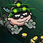 Bob the Robber 3 Ένας χαρακτήρας με γυαλιά νυχτερινής όρασης και μάσκα, μαζεύει χρυσά νομίσματα και περισσεύει δεσμίδες χρημάτων, με τον αριθμό τρία να φαίνεται δεξιά