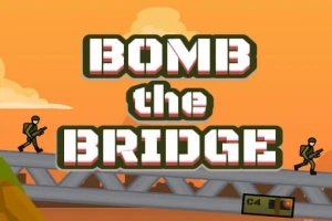 Μεγάλα γράμματα με τη φράση BOMB THE BRIDGE σε πορτοκαλί φόντο, δύο στρατιώτες με όπλα σε γέφυρα