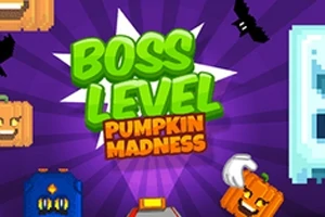 Πράσινα γράμματα με τίτλο Boss Level, Pumpkin Madness σε πορτοκαλί γράμματα, με κολοκύθες, νυχτερίδες και μοτίβο βιντεοπαιχνιδιού σε μοβ φόντο