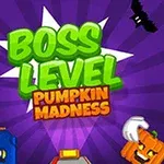 Πράσινα γράμματα με τίτλο Boss Level, Pumpkin Madness σε πορτοκαλί γράμματα, με κολοκύθες, νυχτερίδες και μοτίβο βιντεοπαιχνιδιού σε μοβ φόντο