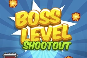 Γραφικά με έντονα γράμματα Boss Level Shootout σε μπλε φόντο με εκρήξεις