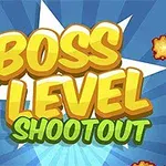 Γραφικά με έντονα γράμματα Boss Level Shootout σε μπλε φόντο με εκρήξεις