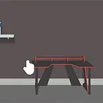 Μία μαύρη καρέκλα σε στυλ gaming και ένα γραφείο σε μοντέρνο σχέδιο με μαύρες και κόκκινες λεπτομέρειες μπροστά από έναν γκρι τοίχο, δίπλα σε ένα ράφι με μπουκάλι νερού