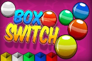 Τίτλος BOX SWITCH με πολύχρωμες μπάλες και κύβους σε ροζ φόντο