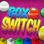 Τίτλος BOX SWITCH με πολύχρωμες μπάλες και κύβους σε ροζ φόντο