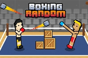 Δύο pixel art χαρακτήρες με πυγμαχικά γάντια στέκονται σε ρινγκ, περιτριγυρισμένοι από ξύλινα κιβώτια, με πολύχρωμα γράμματα από πάνω τους