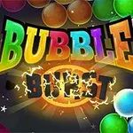 Πολύχρωμες μπάλες και ο τίτλος Bubble Burst με έντονα γράμματα και αστραφτερές λεπτομέρειες