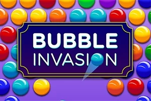 Πολύχρωμες σφαίρες σε φόντο με τον τίτλο BUBBLE INVASION στο κέντρο