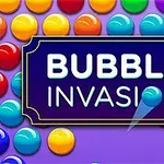 Πολύχρωμες σφαίρες σε φόντο με τον τίτλο BUBBLE INVASION στο κέντρο
