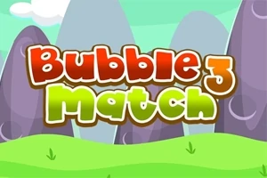 Κείμενο με τίτλο Bubble Match 3 σε πολύχρωμα γράμματα μπροστά από βουνά και πράσινο τοπίο