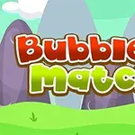 Κείμενο με τίτλο Bubble Match 3 σε πολύχρωμα γράμματα μπροστά από βουνά και πράσινο τοπίο
