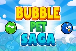 Ο τίτλος Bubble Pet Saga σε έντονα χρώματα με δύο στρογγυλά, παιχνιδιάρικα χαρακτήρες στα πλάγια και σύννεφα στο φόντο