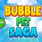Ο τίτλος Bubble Pet Saga σε έντονα χρώματα με δύο στρογγυλά, παιχνιδιάρικα χαρακτήρες στα πλάγια και σύννεφα στο φόντο