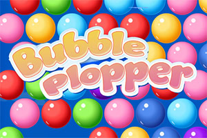 Πολύχρωμες σφαίρες σε φόντο με τη φράση Bubble Plopper στο κέντρο