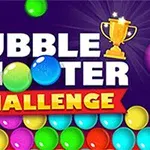 Πολύχρωμες μπάλες με κείμενο Bubble Shooter Challenge και ένα χρυσό τρόπαιο σε μπλε φόντο