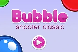 Ροζ γράμματα που αναγράφουν Bubble shooter classic με πολύχρωμες φούσκες γύρω τους σε μωβ φόντο