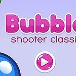 Ροζ γράμματα που αναγράφουν Bubble shooter classic με πολύχρωμες φούσκες γύρω τους σε μωβ φόντο