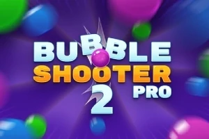 Κείμενο με τη φράση Bubble Shooter 2 Pro σε λευκό και πορτοκαλί χρώμα, μεχ πολύχρωμες μπάλες σε φόντο μωβ